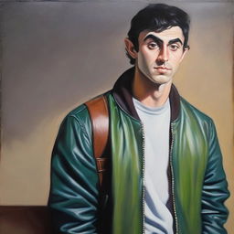 This is a high-quality oil painting of a 26-year-old Italian man, who is a unique blend of elf and dwarf