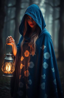A mysterious woman wearing a flowing blue cloak adorned with beautiful white flowering patterns