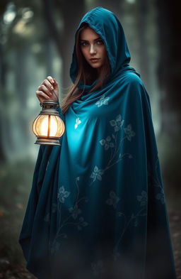 A mysterious woman wearing a flowing blue cloak adorned with beautiful white flowering patterns