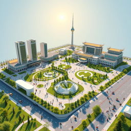 A detailed 3D model layout of a vibrant and futuristic vision for independent Kazakhstan, showcasing significant cultural and national symbols
