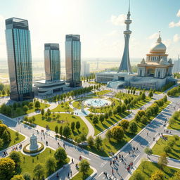 A detailed 3D model layout of a vibrant and futuristic vision for independent Kazakhstan, showcasing significant cultural and national symbols