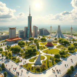 A detailed 3D model layout of a vibrant and futuristic vision for independent Kazakhstan, showcasing significant cultural and national symbols
