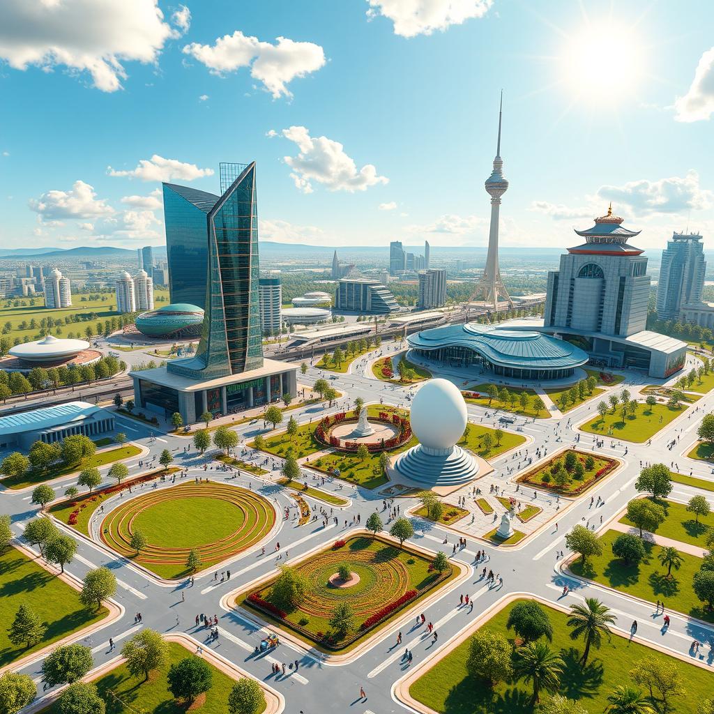 A detailed 3D model layout of a vibrant and futuristic vision for independent Kazakhstan, showcasing significant cultural and national symbols