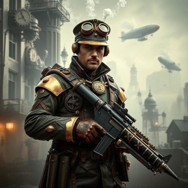 A Steampunk soldier standing confidently with a futuristic rifle in hand