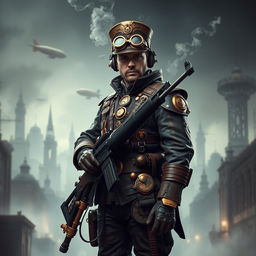 A Steampunk soldier standing confidently with a futuristic rifle in hand