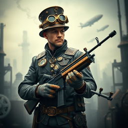 A Steampunk soldier standing confidently with a futuristic rifle in hand