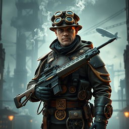 A Steampunk soldier standing confidently with a futuristic rifle in hand