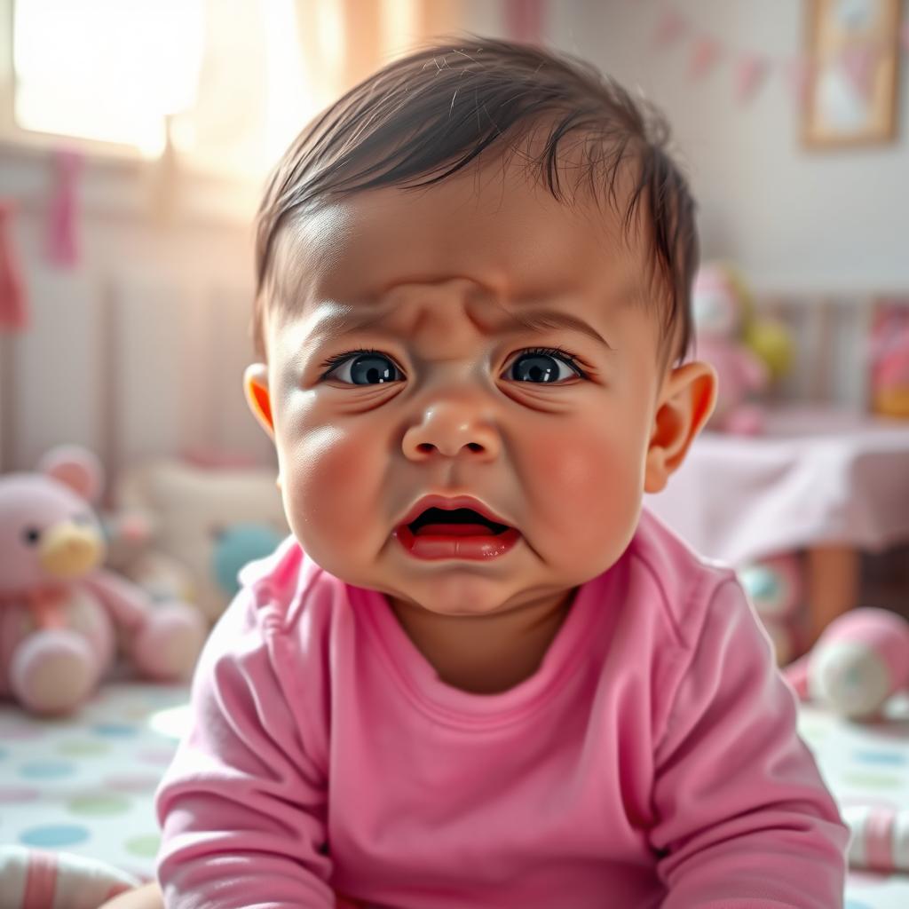 A crying baby with big teary eyes, chubby cheeks, and a bright pink onesie, sitting in a cozy nursery surrounded by soft toys and pastel colors