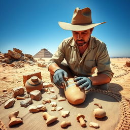 An archaeologist examining ancient artifacts in a sunlit desert environment, surrounded by sand dunes and rocky outcrops