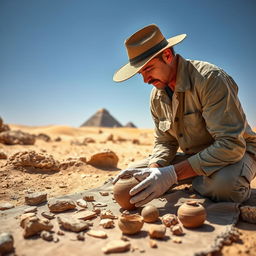 An archaeologist examining ancient artifacts in a sunlit desert environment, surrounded by sand dunes and rocky outcrops