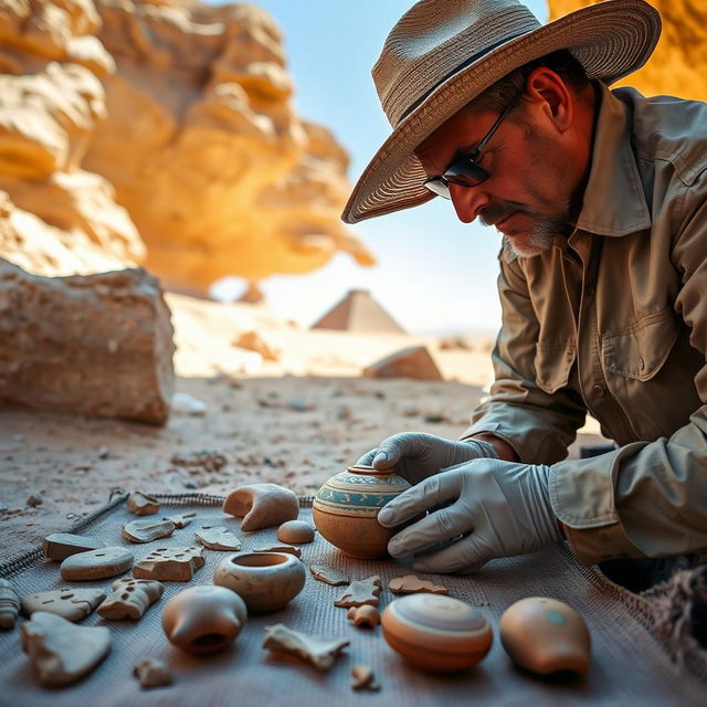 An archaeologist examining ancient artifacts in a sunlit desert environment, surrounded by sand dunes and rocky outcrops