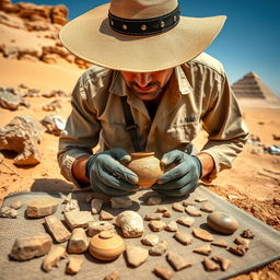 An archaeologist examining ancient artifacts in a sunlit desert environment, surrounded by sand dunes and rocky outcrops