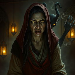 A terrifying and realistic depiction of a possessed Persian woman, her eyes glowing with an otherworldly light, surrounded by dark swirling shadows of a djinn