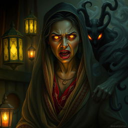 A terrifying and realistic depiction of a possessed Persian woman, her eyes glowing with an otherworldly light, surrounded by dark swirling shadows of a djinn