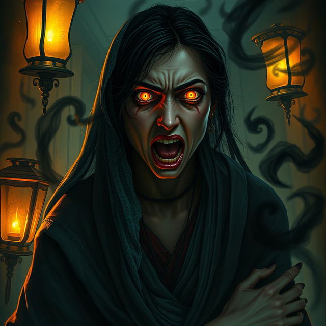 A terrifying and realistic depiction of a possessed Persian woman, her eyes glowing with an otherworldly light, surrounded by dark swirling shadows of a djinn