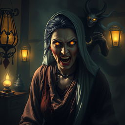 A terrifying and realistic depiction of a possessed Persian woman, her eyes glowing with an otherworldly light, surrounded by dark swirling shadows of a djinn