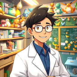 A highly detailed portrait of Professor Kukui, a character from the Pokemon series, standing confidently in a lively laboratory filled with scientific equipment and Pokemon memorabilia