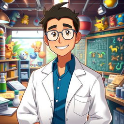 A highly detailed portrait of Professor Kukui, a character from the Pokemon series, standing confidently in a lively laboratory filled with scientific equipment and Pokemon memorabilia