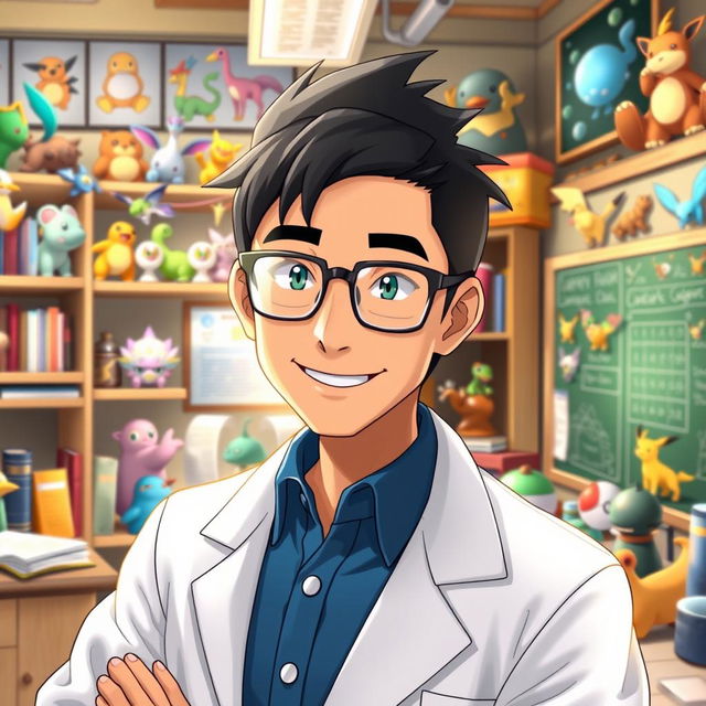 A highly detailed portrait of Professor Kukui, a character from the Pokemon series, standing confidently in a lively laboratory filled with scientific equipment and Pokemon memorabilia