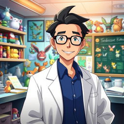 A highly detailed portrait of Professor Kukui, a character from the Pokemon series, standing confidently in a lively laboratory filled with scientific equipment and Pokemon memorabilia