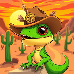 A whimsical cartoon lizard wearing a stylish hat, inspired by a desert landscape