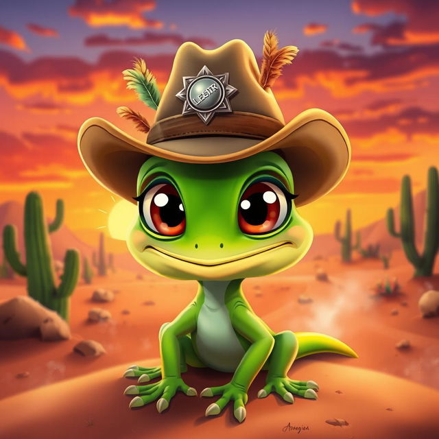 A whimsical cartoon lizard wearing a stylish hat, inspired by a desert landscape