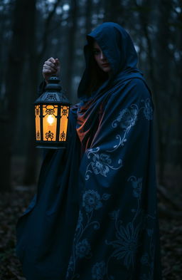 A mysterious woman dressed in a flowing blue cloak adorned with intricate white flowering patterns