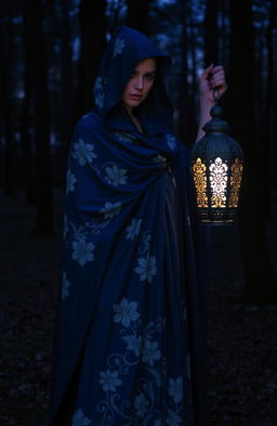 A mysterious woman dressed in a flowing blue cloak adorned with intricate white flowering patterns