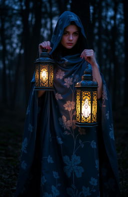 A mysterious woman dressed in a flowing blue cloak adorned with intricate white flowering patterns