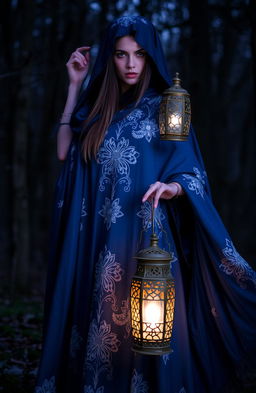 A mysterious woman dressed in a flowing blue cloak adorned with intricate white flowering patterns