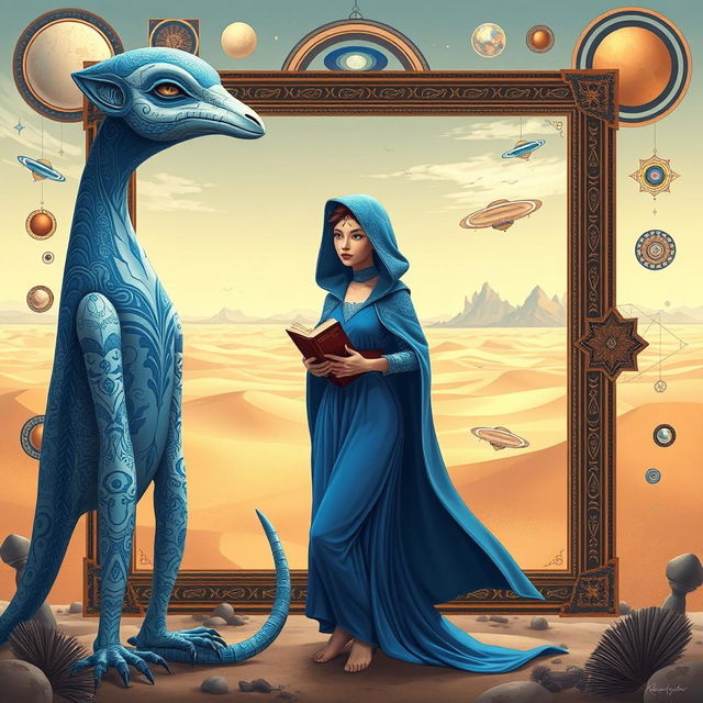 A digitally illustrated surreal scene featuring a futuristic creature with a striking blue and white color scheme