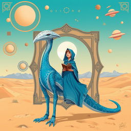 A digitally illustrated surreal scene featuring a futuristic creature with a striking blue and white color scheme