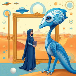 A digitally illustrated surreal scene featuring a futuristic creature with a striking blue and white color scheme