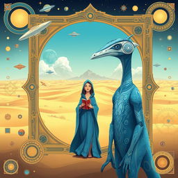 A digitally illustrated surreal scene featuring a futuristic creature with a striking blue and white color scheme