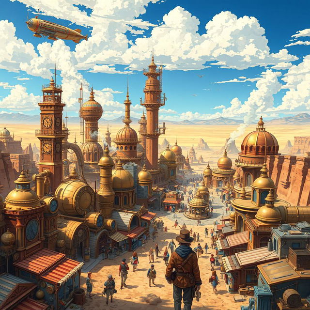 A sprawling steampunk city set in a vast desert, illustrated in an anime style