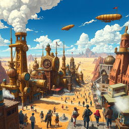 A sprawling steampunk city set in a vast desert, illustrated in an anime style