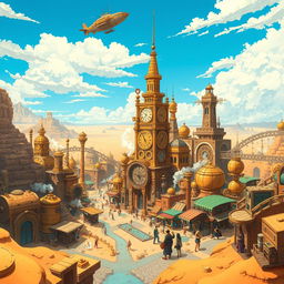 A sprawling steampunk city set in a vast desert, illustrated in an anime style