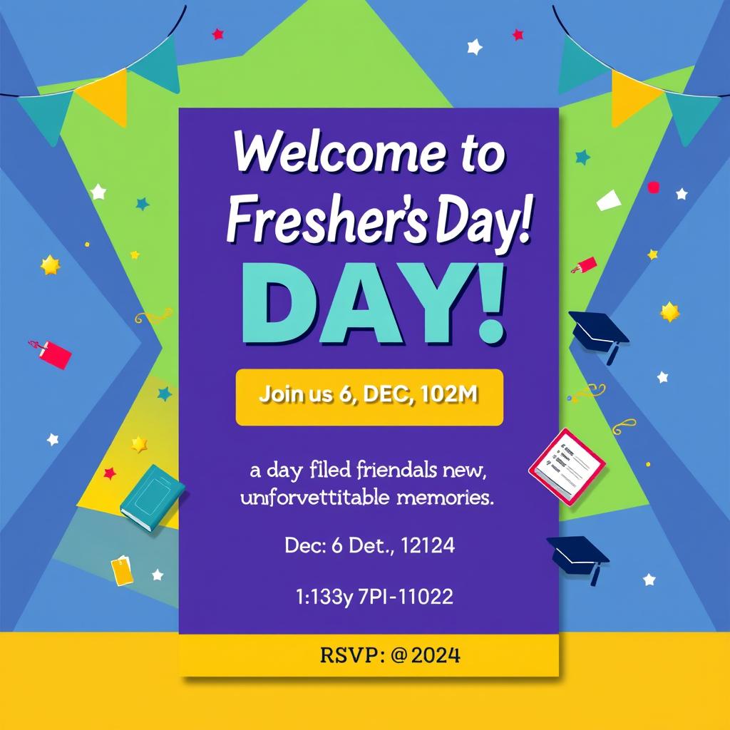 A dynamic and engaging fresher's day invitation card design for an event on December 6, 2024, at 10 A