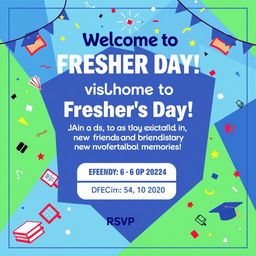 A dynamic and engaging fresher's day invitation card design for an event on December 6, 2024, at 10 A