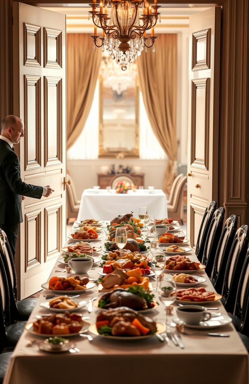 A refined butler gently opening a grand front door, revealing a beautifully set long dining table adorned with an extravagant feast