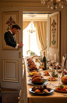 A refined butler gently opening a grand front door, revealing a beautifully set long dining table adorned with an extravagant feast