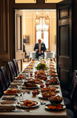 A refined butler gently opening a grand front door, revealing a beautifully set long dining table adorned with an extravagant feast