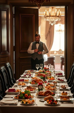 A refined butler gently opening a grand front door, revealing a beautifully set long dining table adorned with an extravagant feast