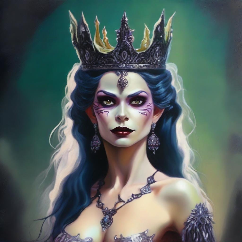 This is a high-quality modern fantasy oil painting of a beautiful Latina goblin queen