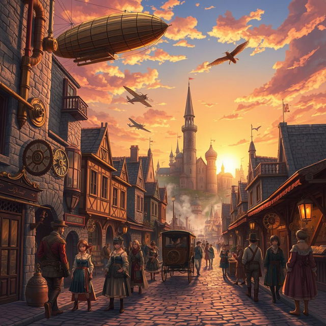 A captivating steampunk city set in a medieval era, illustrated in an anime style