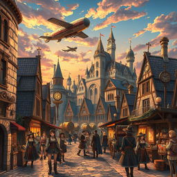 A captivating steampunk city set in a medieval era, illustrated in an anime style