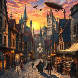 A captivating steampunk city set in a medieval era, illustrated in an anime style