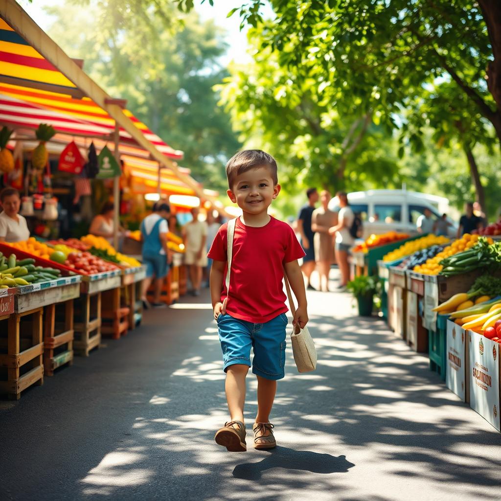 A vibrant and lively scene of a child walking confidently to a market, surrounded by colorful stalls filled with fresh fruits and vegetables