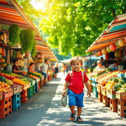 A vibrant and lively scene of a child walking confidently to a market, surrounded by colorful stalls filled with fresh fruits and vegetables