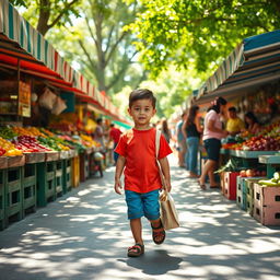A vibrant and lively scene of a child walking confidently to a market, surrounded by colorful stalls filled with fresh fruits and vegetables